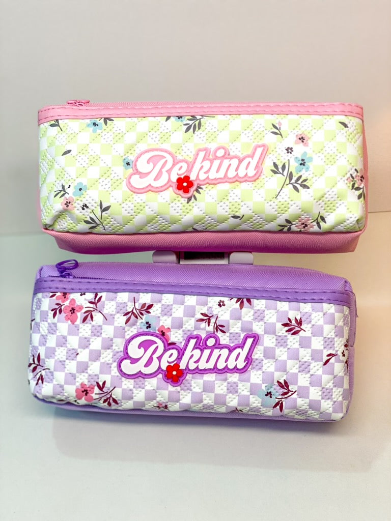 “Be Kind” Checkered Floral Pouch