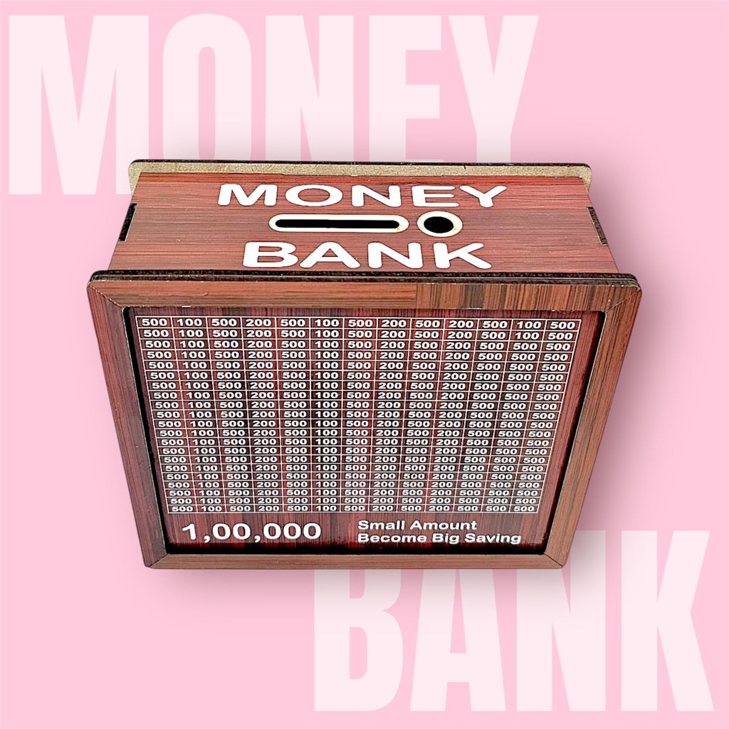Wooden Money Saving Box – ₹1,00,000 Target Grid Bank